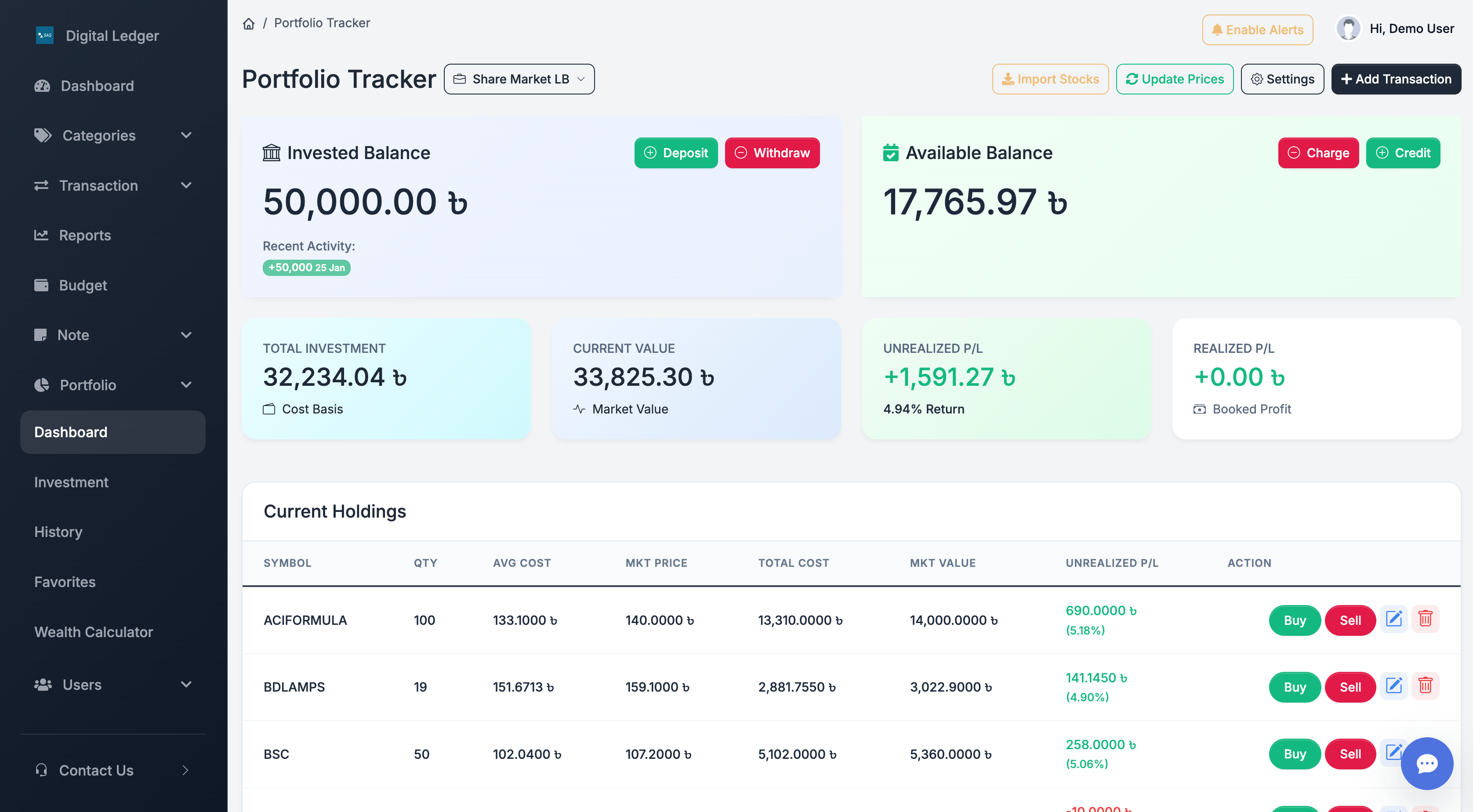 EMS Stock Portfolio Tracker with real-time DSE market data and watchlist